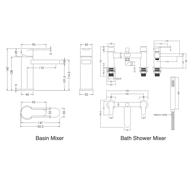 Delphi Loop Chrome Basin Mixer and Bath Shower Mixer Tap Set (inc Shower Kit and Press Top Waste)  | Dimension Image
