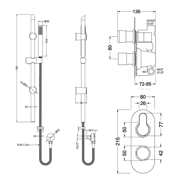 Delphi Loop Brushed Bronze Dual Concealed Shower Set with Slide Rail Kit  | Dimension Image