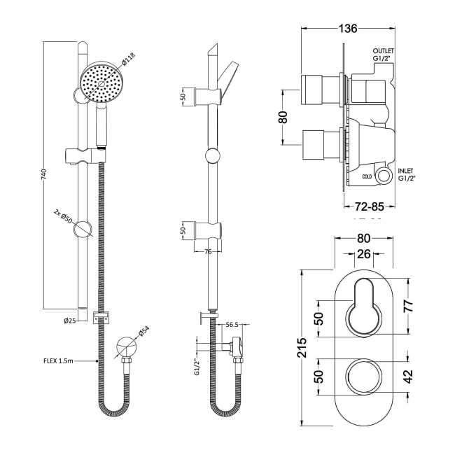Delphi Loop Chrome Dual Concealed Shower Set with Slide Rail Kit  | Dimension Image