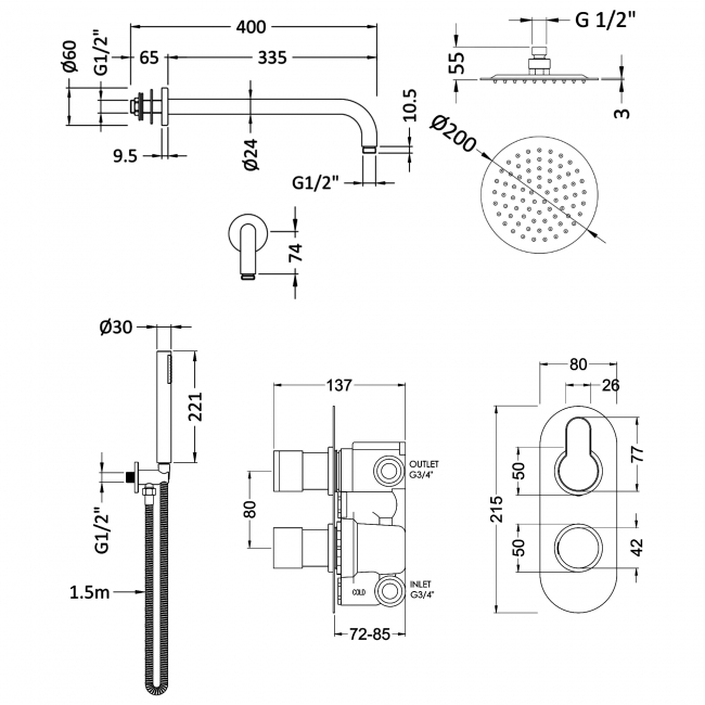 Delphi Loop Brushed Bronze Dual Concealed Shower Set with Fixed Head and Handset