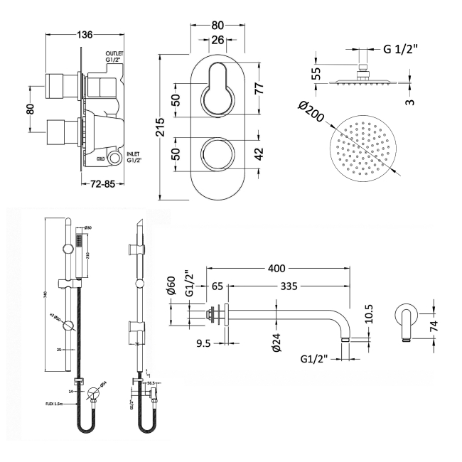 Delphi Loop Brushed Bronze Dual Concealed Shower Set with Fixed Head and Slide Rail Kit  | Dimension Image
