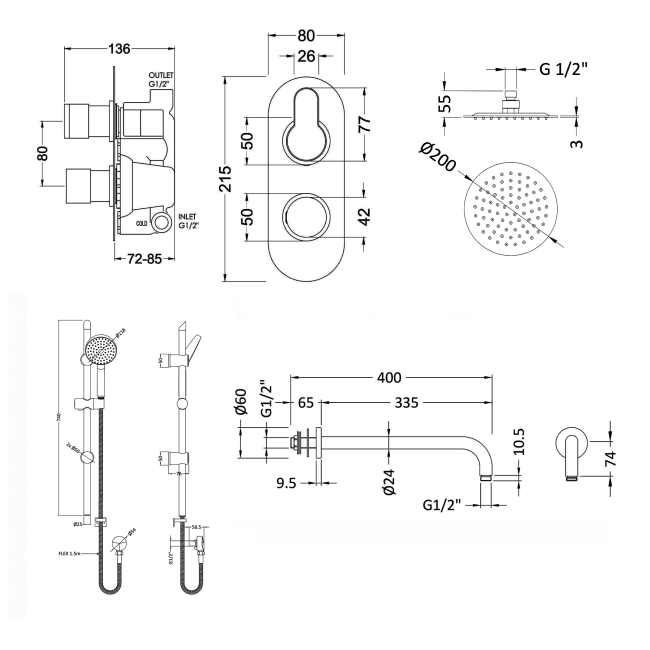 Delphi Loop Chrome Dual Concealed Shower Set with Fixed Head and Slide Rail Kit  | Dimension Image