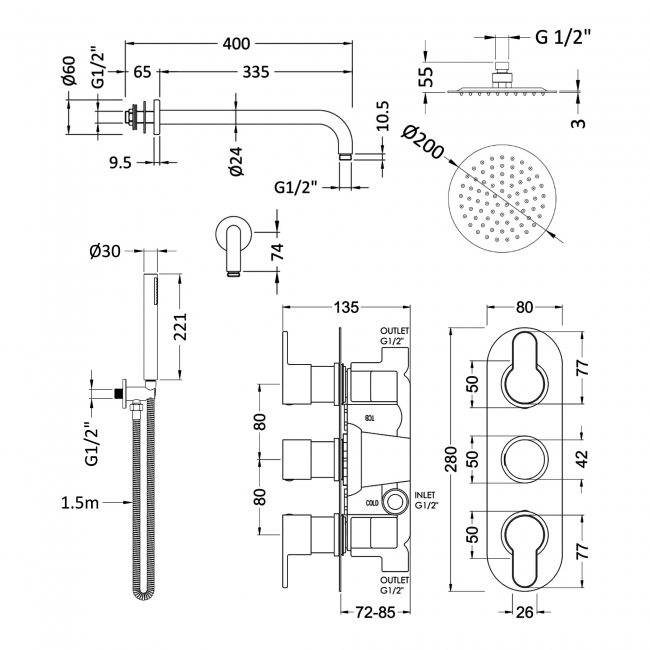 Delphi Loop Chrome Triple Concealed Shower Set with Fixed Head and Handset