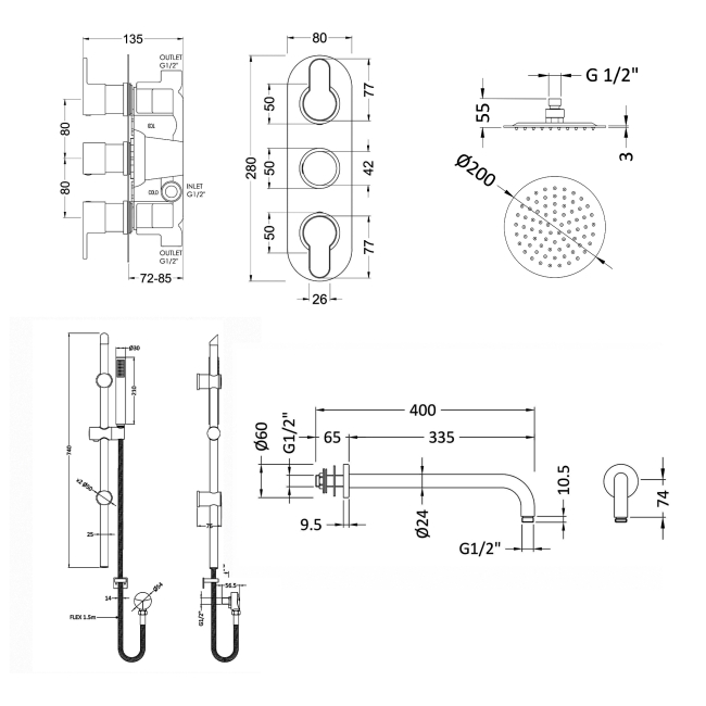 Delphi Loop Brushed Bronze Triple Concealed Shower Set with Fixed Head and Slide Rail Kit  | Dimension Image
