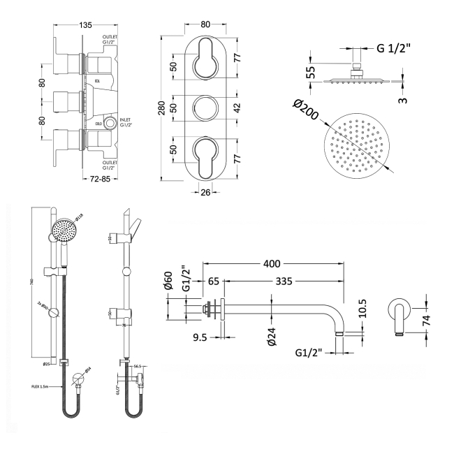 Delphi Loop Chrome Triple Concealed Shower Set with Fixed Head and Slide Rail Kit  | Dimension Image