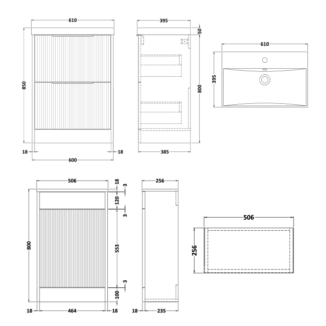 Delphi Lyra Satin White 1100mm 2-Drawer Waterproof Bathroom Furniture Combination Unit  | Dimension Image