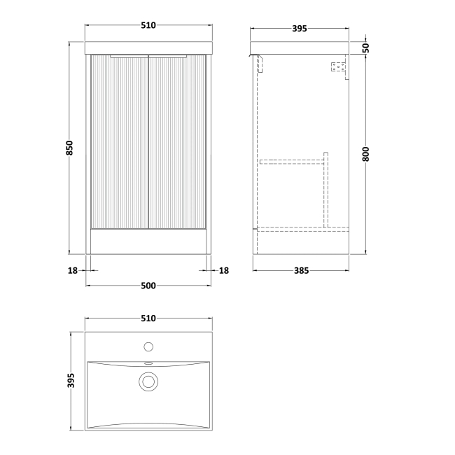 Delphi Lyra Satin White 500mm 2-Door Floor Standing Waterproof Vanity Unit with Basin  | Dimension Image