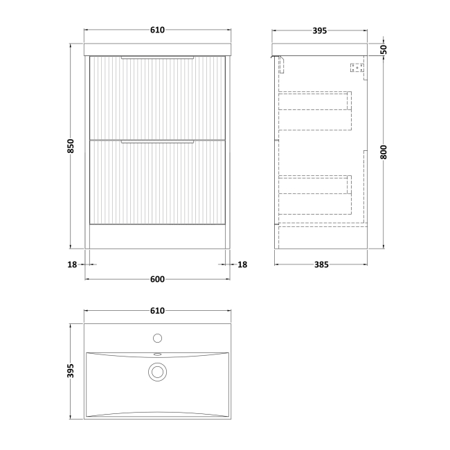 Delphi Lyra Satin White 600mm 2-Drawer Floor Standing Waterproof Vanity Unit with Basin  | Dimension Image