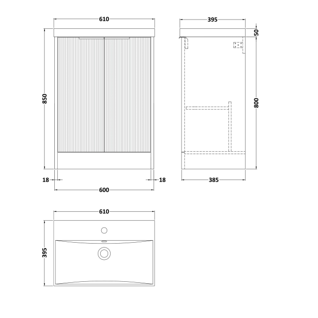 Delphi Lyra Satin White 600mm 2-Door Floor Standing Waterproof Vanity Unit with Basin  | Dimension Image