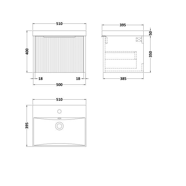 Delphi Lyra Satin White 500mm 1-Drawer Wall Hung Waterproof Vanity Unit with Basin  | Dimension Image