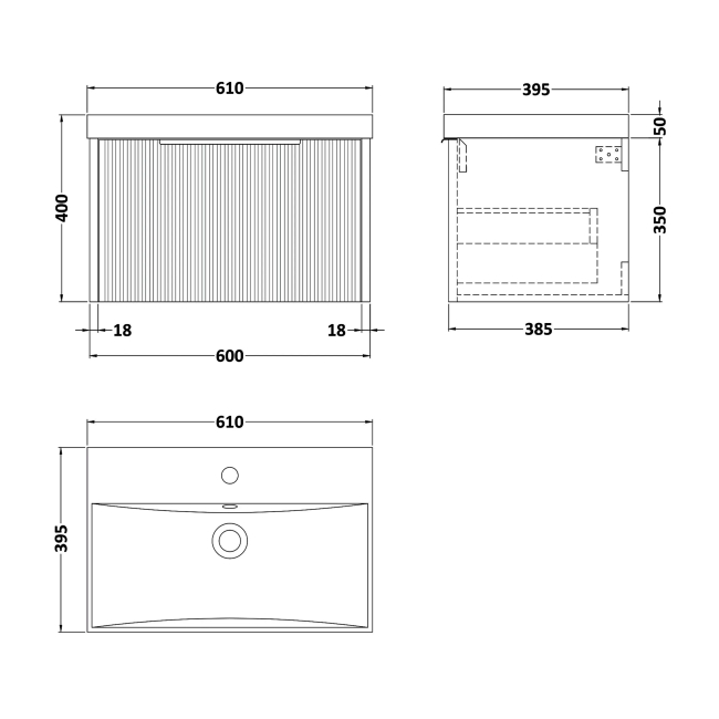 Delphi Lyra Satin White 600mm 1-Drawer Wall Hung Waterproof Vanity Unit with Basin  | Dimension Image