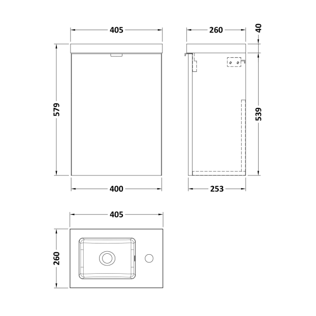 Delphi Modulo Slimline Gloss White 400mm 1-Door Wall Hung Vanity Unit (inc Basin)  | Dimension Image