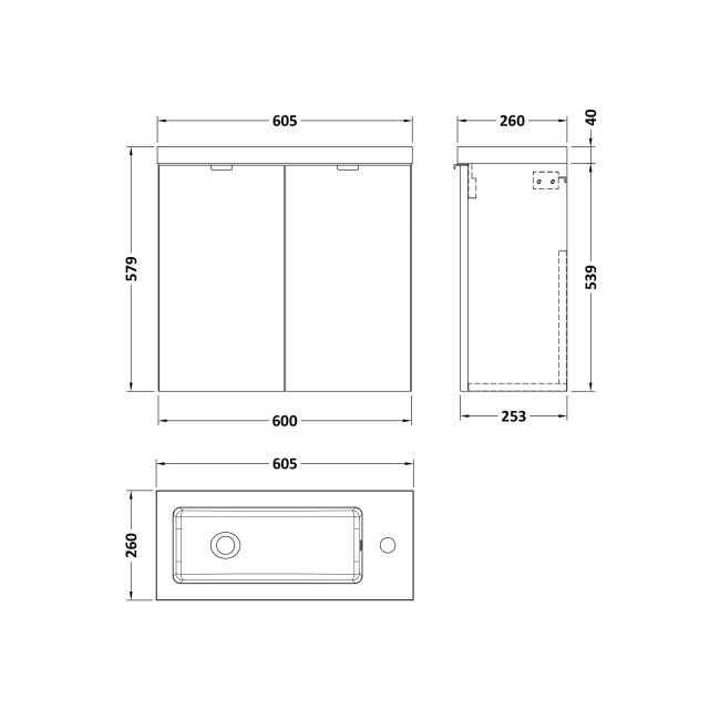 Delphi Modulo Slimline Gloss White 600mm 2-Door Wall Hung Vanity Unit (inc Basin)  | Dimension Image