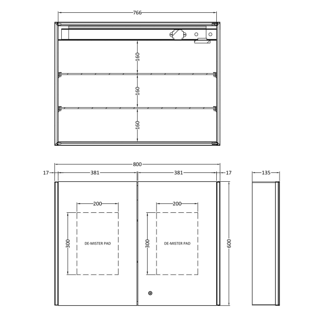Delphi Motto 2-Door LED Touch Sensor Bathroom Mirror Cabinet 600mm x 800mm  | Dimension Image