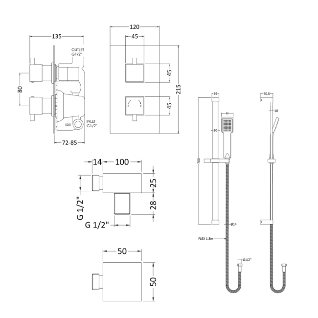 Delphi Nectar Chrome Dual Concealed Shower Set with Slide Rail Kit  | Dimension Image