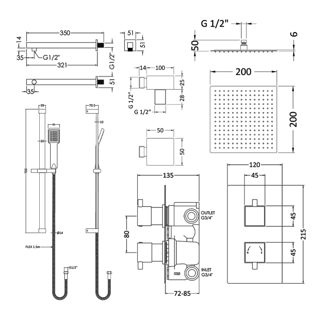 Delphi Nectar Chrome Dual Concealed Shower Set with Fixed Head and Slide Rail Kit  | Dimension Image
