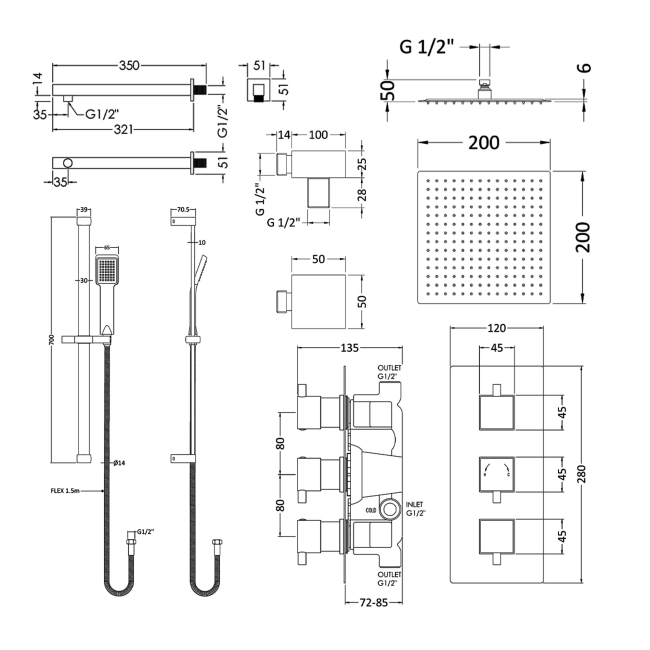 Delphi Nectar Chrome Triple Concealed Shower Set with Fixed Head and Slide Rail Kit  | Dimension Image