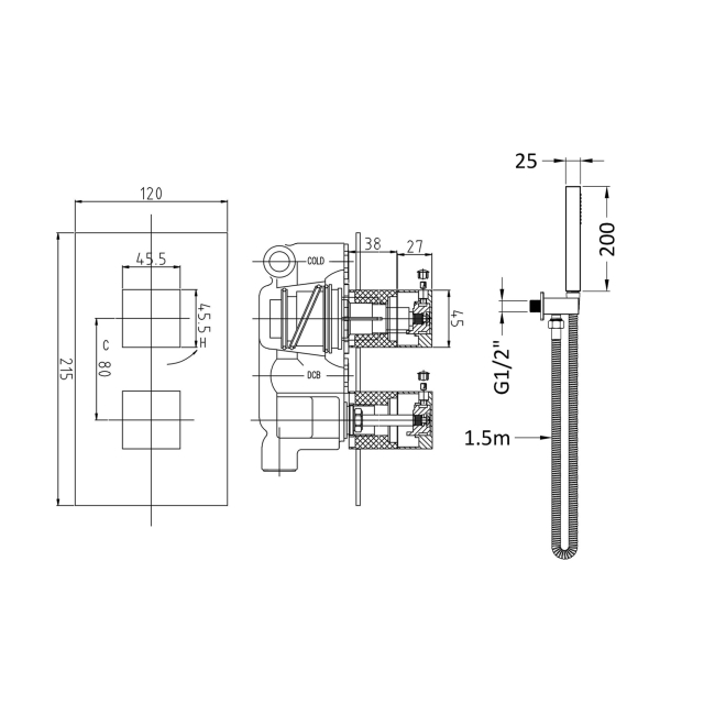 Delphi Nexus Chrome Dual Concealed Shower Set with Handset and Bracket  | Dimension Image