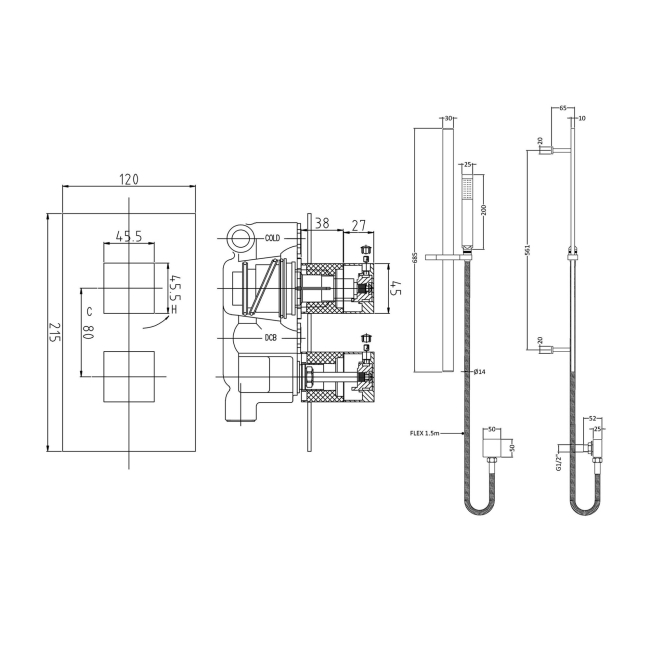 Delphi Nexus Chrome Dual Concealed Shower Set with Slide Rail Kit  | Dimension Image