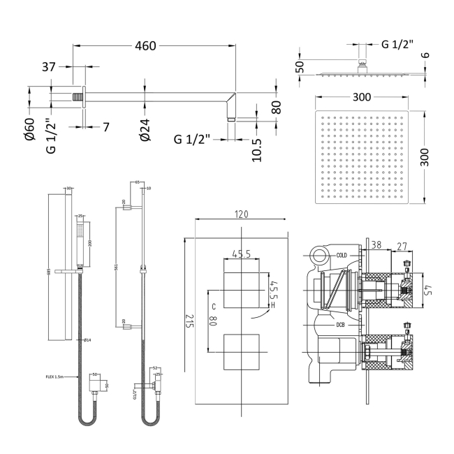 Delphi Nexus Chrome Dual Concealed Shower Set with Large Drencher Head and Slide Rail Kit  | Dimension Image