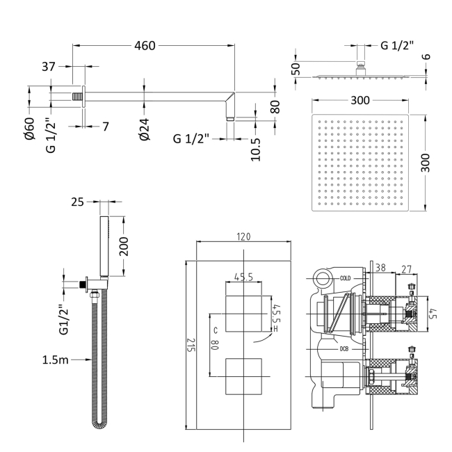 Delphi Nexus Chrome Dual Concealed Shower Set with Large Drencher Head and Handset  | Dimension Image