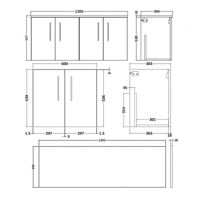 Delphi Nordic Midnight Blue 1200mm 4-Door Wall Hung Countertop Vanity Unit  | Dimension Image