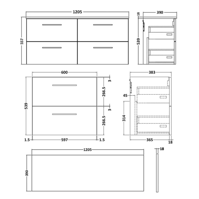 Delphi Nordic Midnight Blue 1200mm 4-Drawer Wall Hung Countertop Vanity Unit  | Dimension Image