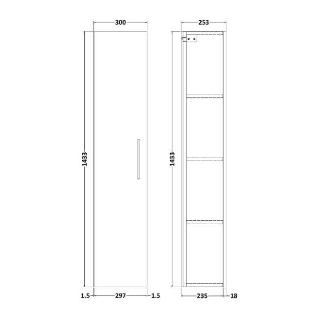 Delphi Nordic Grey 300mm 1-Door Wall Hung Tall Unit  | Dimension Image