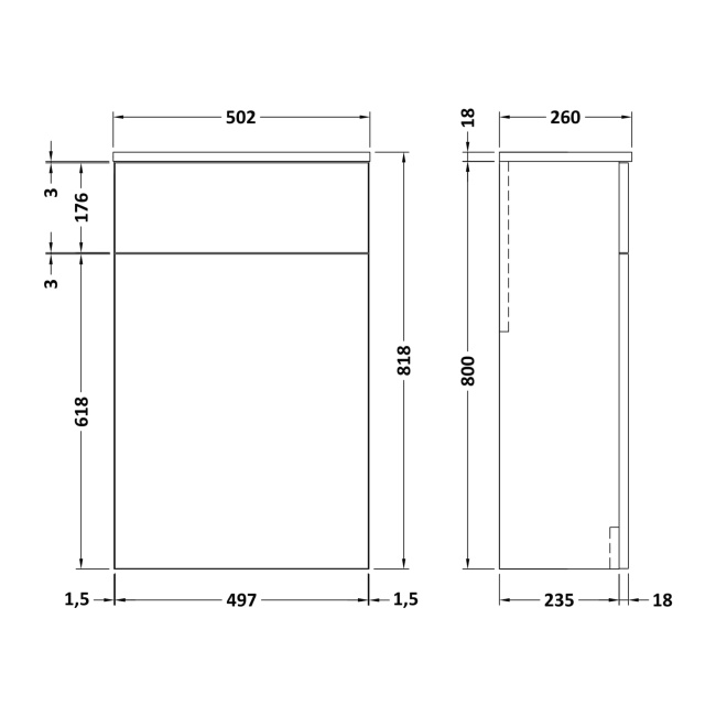 Delphi Nordic Grey 500mm Back to Wall Toilet WC Unit  | Dimension Image