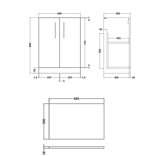 Delphi Nordic Midnight Blue 600mm 2-Door Floor Standing Countertop Vanity Unit  | Dimension Image