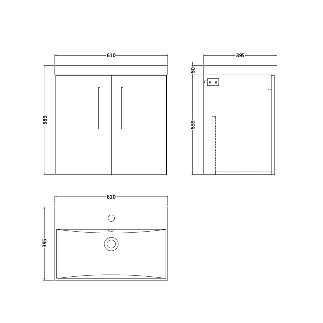 Delphi Nordic White 600mm 2-Door Wall Hung Vanity Unit (inc Basin)  | Dimension Image