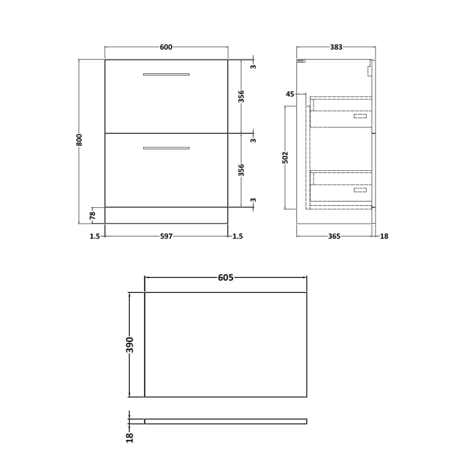 Delphi Nordic Midnight Blue 600mm 2-Drawer Floor Standing Countertop Vanity Unit  | Dimension Image