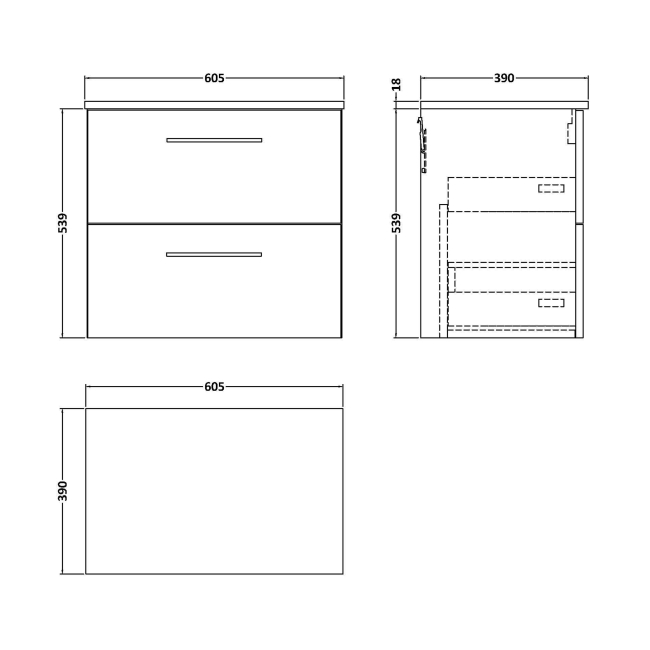 Delphi Nordic Midnight Blue 600mm 2-Drawer Wall Hung Countertop Vanity Unit  | Dimension Image