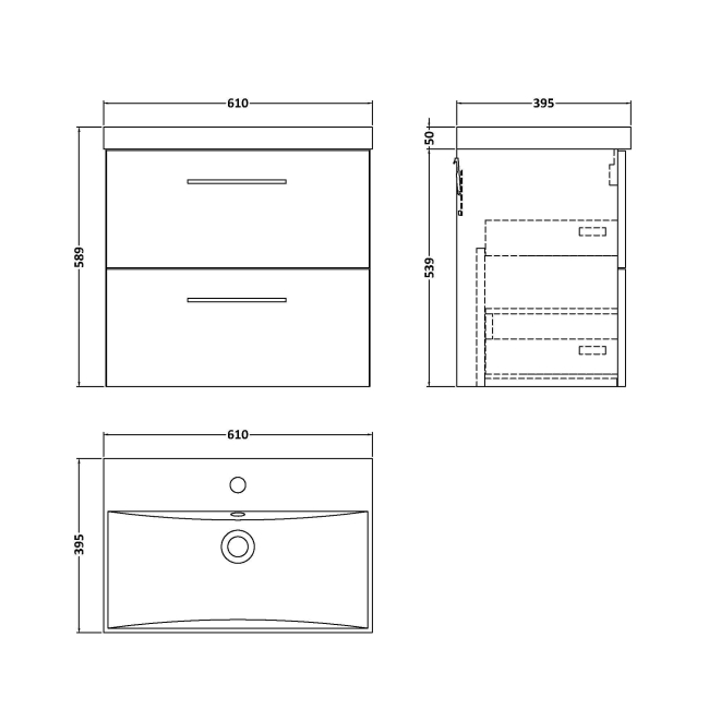 Delphi Nordic Grey 600mm 2-Drawer Wall Hung Vanity Unit (inc Basin)  | Dimension Image