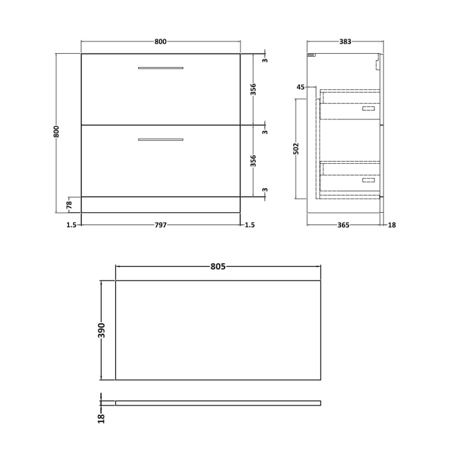 Delphi Nordic Midnight Blue 800mm 2-Drawer Floor Standing Countertop Vanity Unit  | Dimension Image
