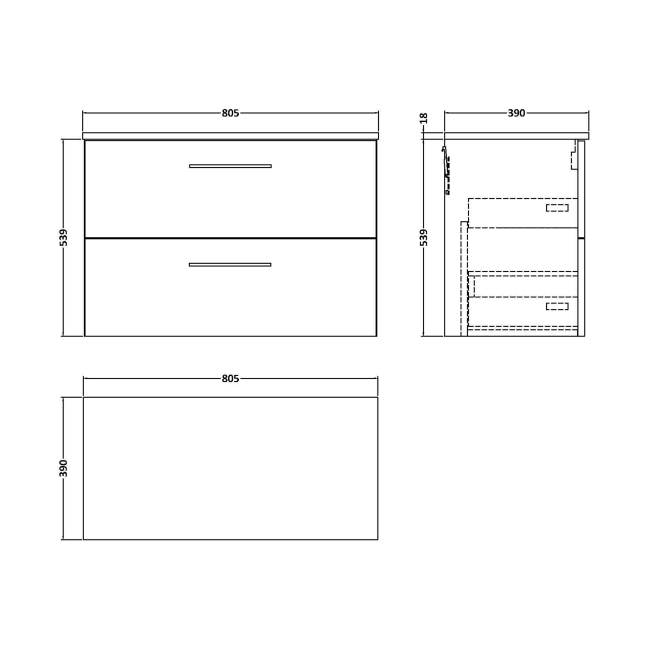 Delphi Nordic Midnight Blue 800mm 2-Drawer Wall Hung Countertop Vanity Unit  | Dimension Image