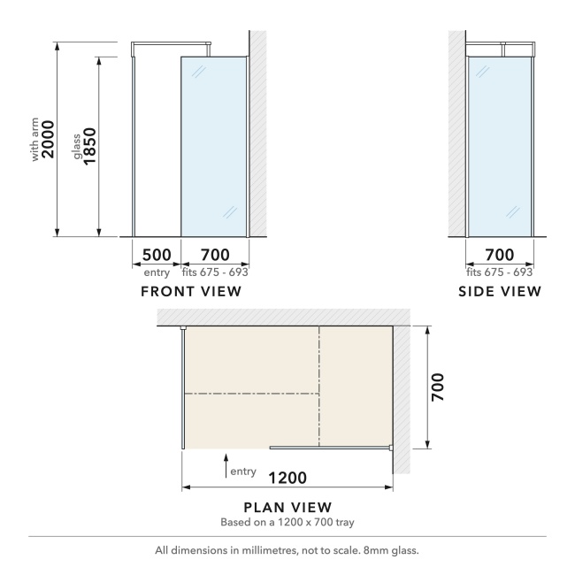 Delphi Optics Chrome Walk-In Shower Enclosure 1200mm x 700mm  | Dimension Image