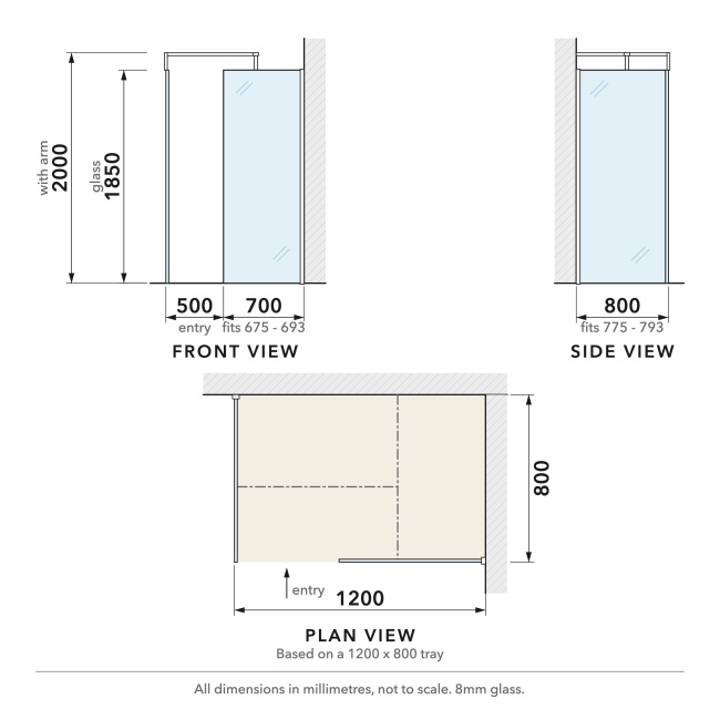 Delphi Optics Chrome Walk-In Shower Enclosure 1200mm x 800mm  | Dimension Image