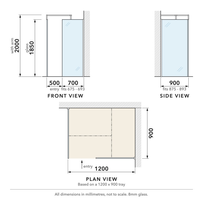 Delphi Optics Matt Black Walk-In Shower Enclosure 1200mm x 900mm  | Dimension Image