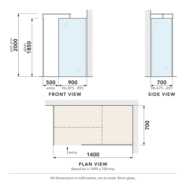 Delphi Optics Chrome Walk-In Shower Enclosure 1400mm x 700mm  | Dimension Image
