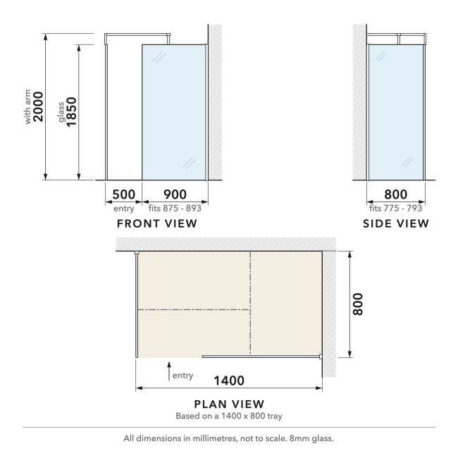 Delphi Optics Chrome Walk-In Shower Enclosure 1400mm x 800mm  | Dimension Image