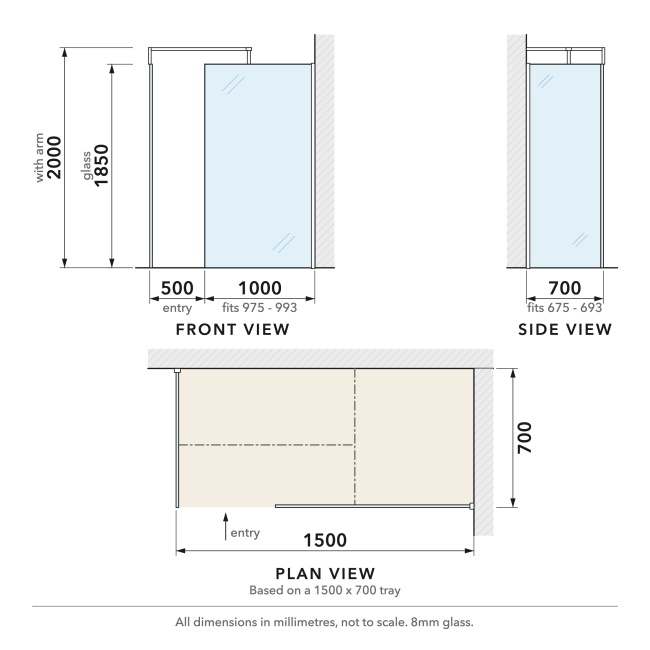 Delphi Optics Chrome Walk-In Shower Enclosure 1500mm x 700mm  | Dimension Image