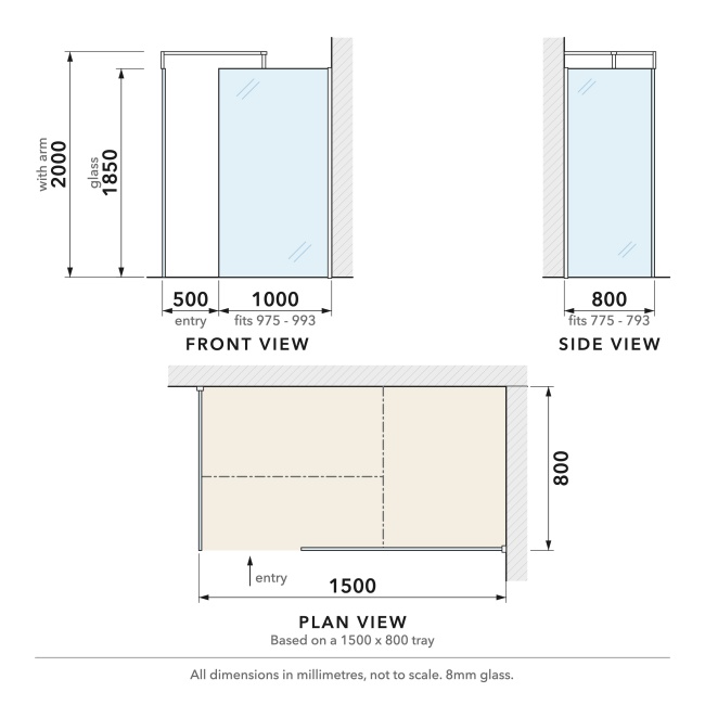 Delphi Optics Chrome Walk-In Shower Enclosure 1500mm x 800mm  | Dimension Image