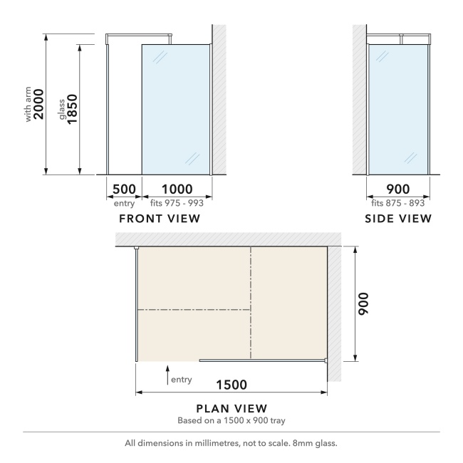 Delphi Optics Chrome Walk-In Shower Enclosure 1500mm x 900mm  | Dimension Image
