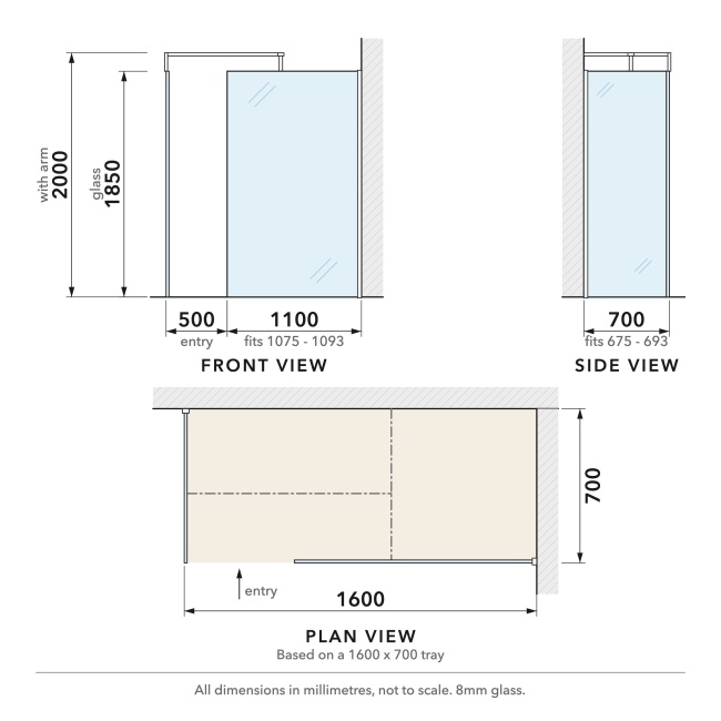 Delphi Optics Chrome Walk-In Shower Enclosure 1600mm x 700mm  | Dimension Image