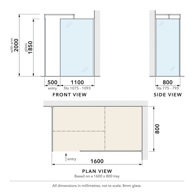 Delphi Optics Chrome Walk-In Shower Enclosure 1600mm x 800mm  | Dimension Image