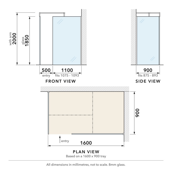 Delphi Optics Chrome Walk-In Shower Enclosure 1600mm x 900mm  | Dimension Image