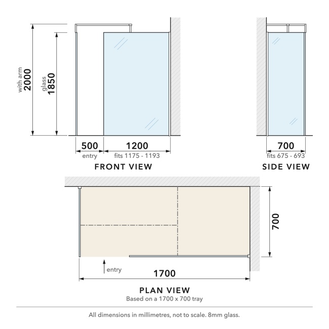 Delphi Optics Matt Black Walk-In Shower Enclosure 1700mm x 700mm  | Dimension Image