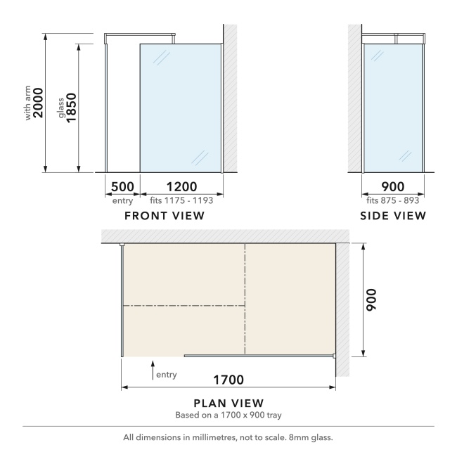 Delphi Optics Chrome Walk-In Shower Enclosure 1700mm x 900mm  | Dimension Image
