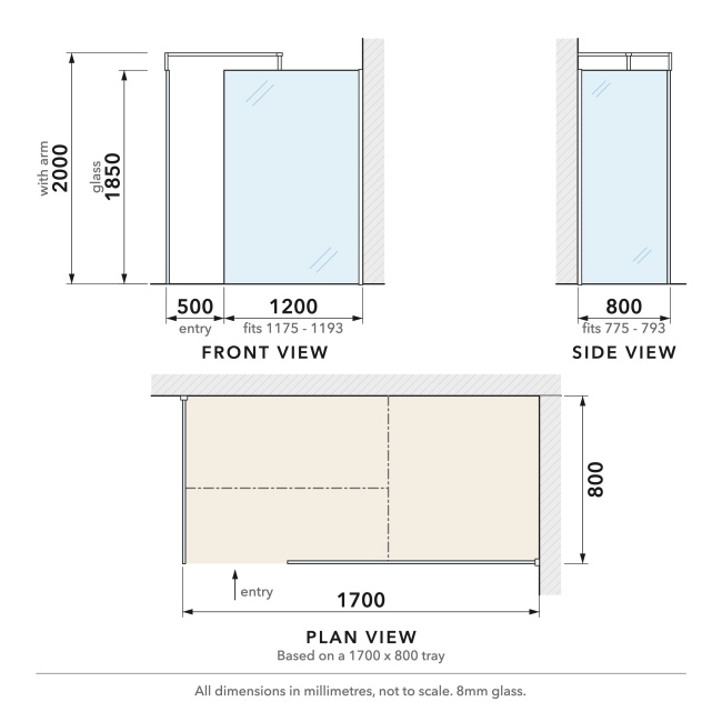 Delphi Optics Chrome Walk-In Shower Enclosure 1700mm x 800mm  | Dimension Image
